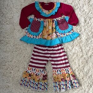 Colorful 2pc Outfit with lots of  Ruffle Details  girls 6-12 mo adorable VGUC